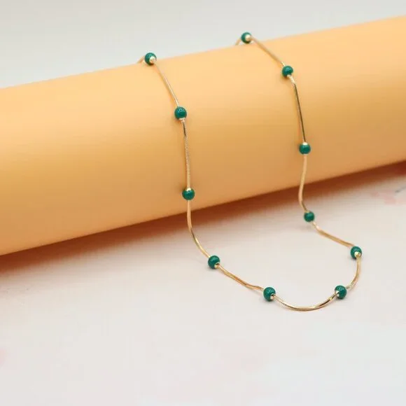 "Rose Gold Necklace with Green Beads, XPNL0132 - Picture 3 of 12